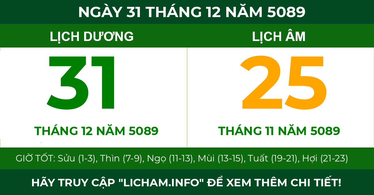 lịch âm ngày 31 tháng 12 năm 5089