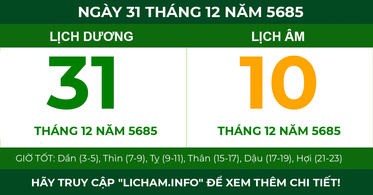 lịch âm ngày 31 tháng 12 năm 5685