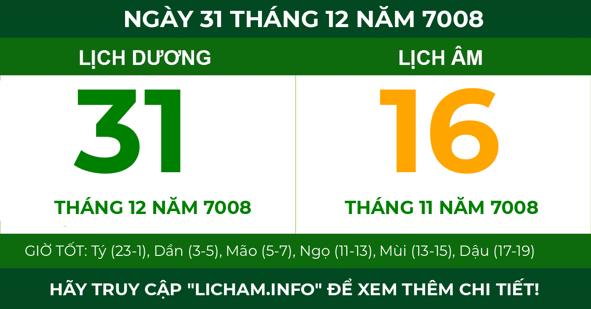 lịch âm ngày 31 tháng 12 năm 7008