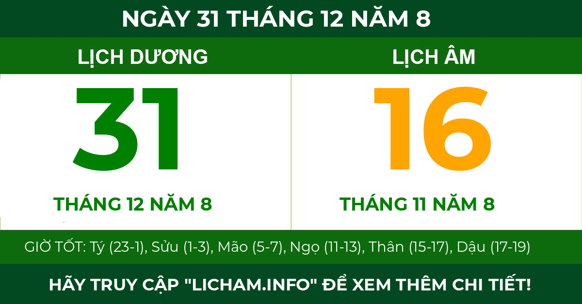 lịch âm ngày 31 tháng 12 năm 8