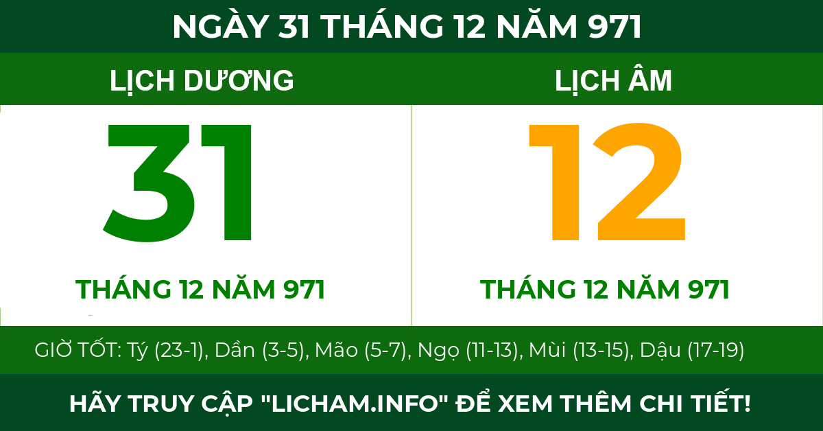 lịch âm ngày 31 tháng 12 năm 971