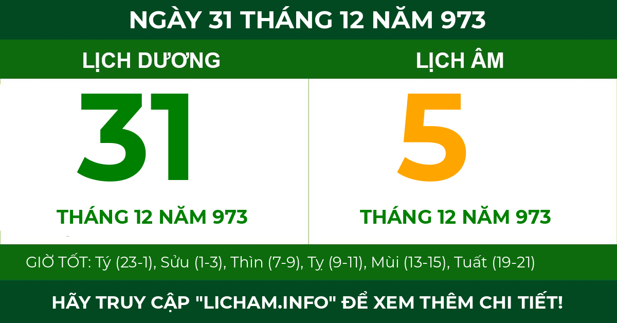 lịch âm ngày 31 tháng 12 năm 973