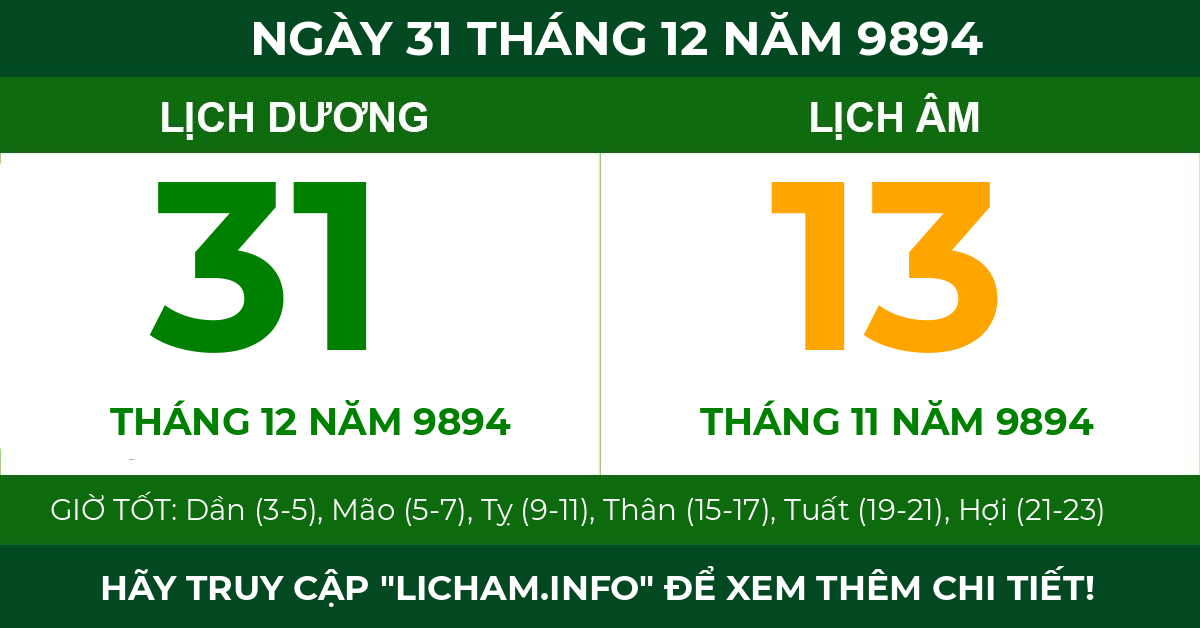 lịch âm ngày 31 tháng 12 năm 9894