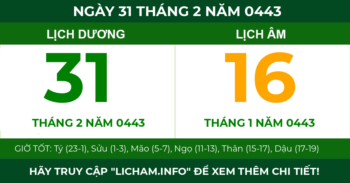 lịch âm ngày 31 tháng 2 năm 0443