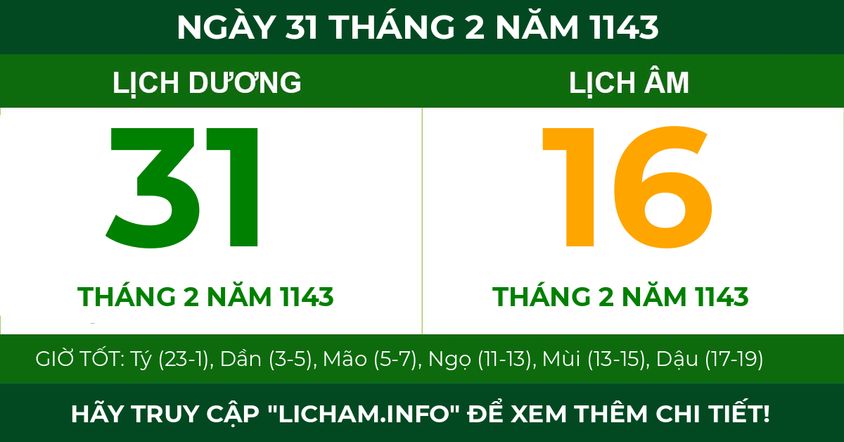 lịch âm ngày 31 tháng 2 năm 1143