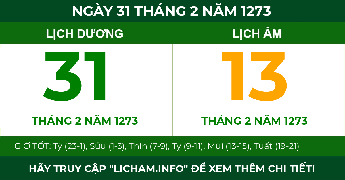 lịch âm ngày 31 tháng 2 năm 1273