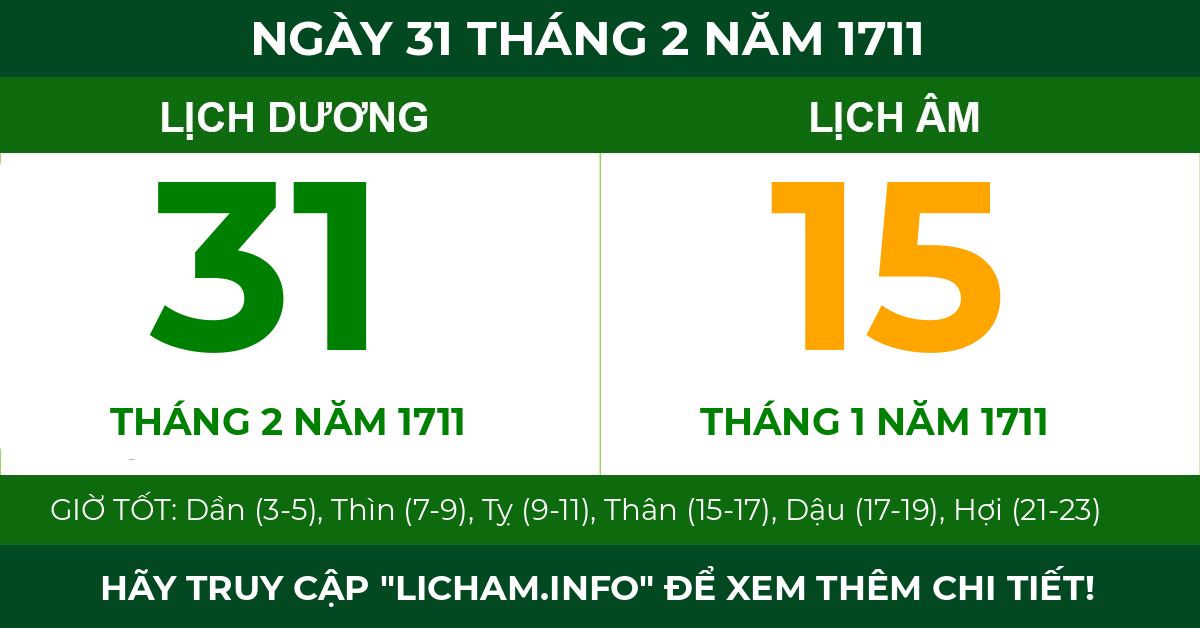 lịch âm ngày 31 tháng 2 năm 1711