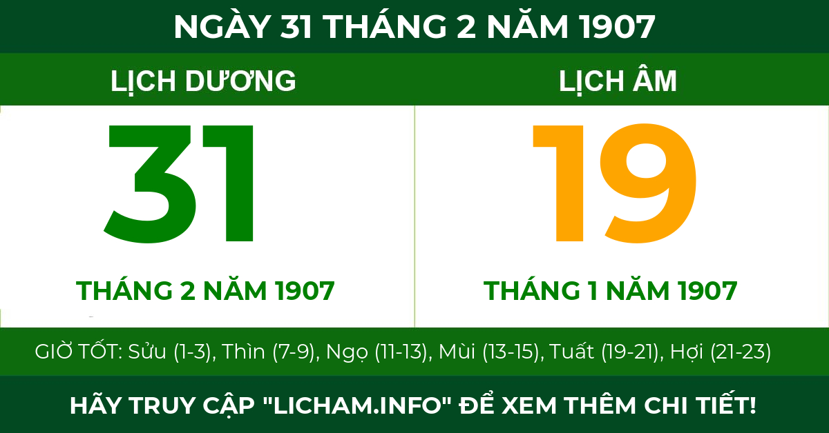 lịch âm ngày 31 tháng 2 năm 1907
