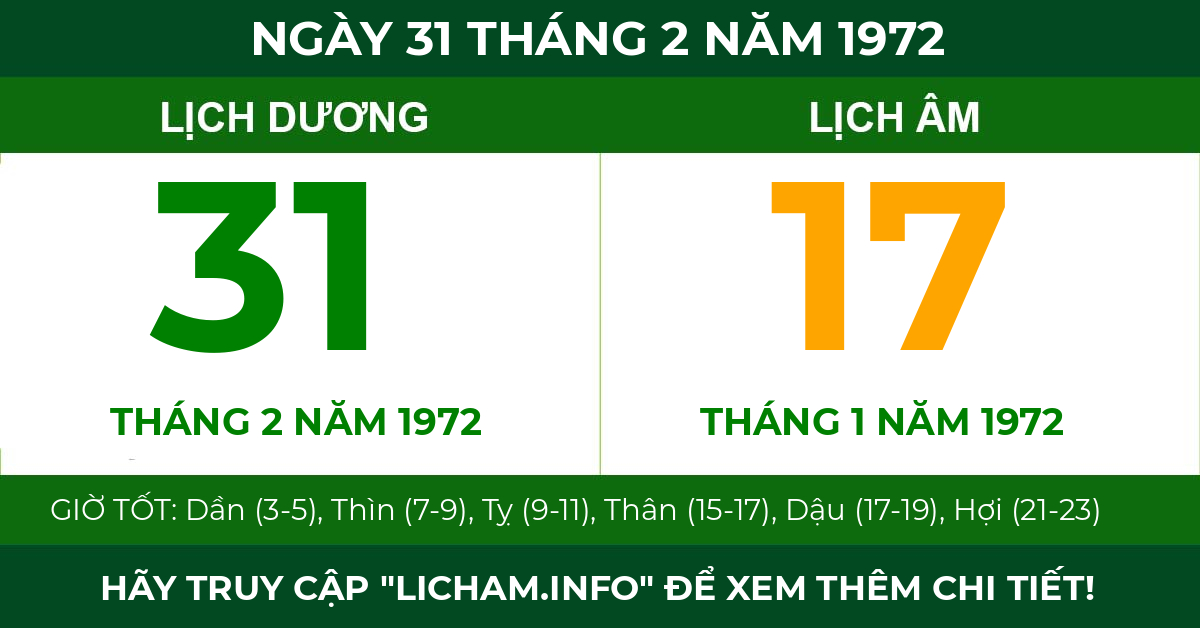 lịch âm ngày 31 tháng 2 năm 1972