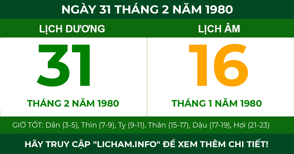 lịch âm ngày 31 tháng 2 năm 1980