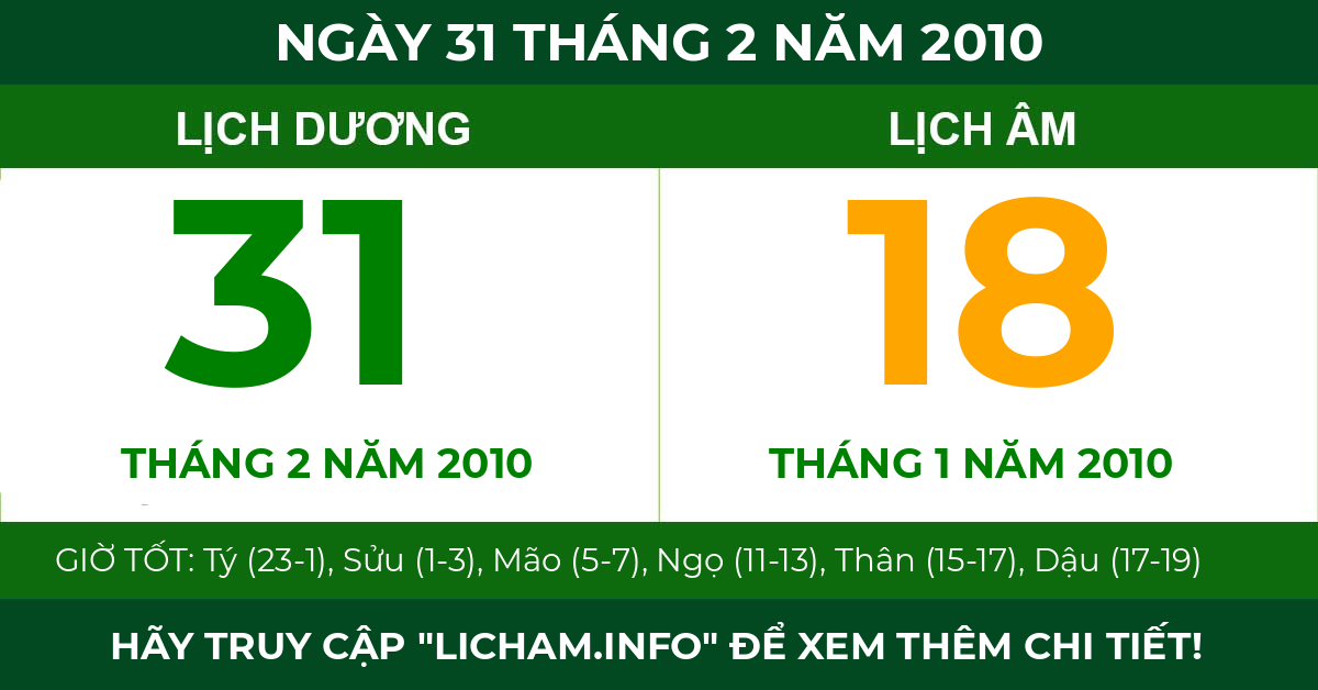 lịch âm ngày 31 tháng 2 năm 2010
