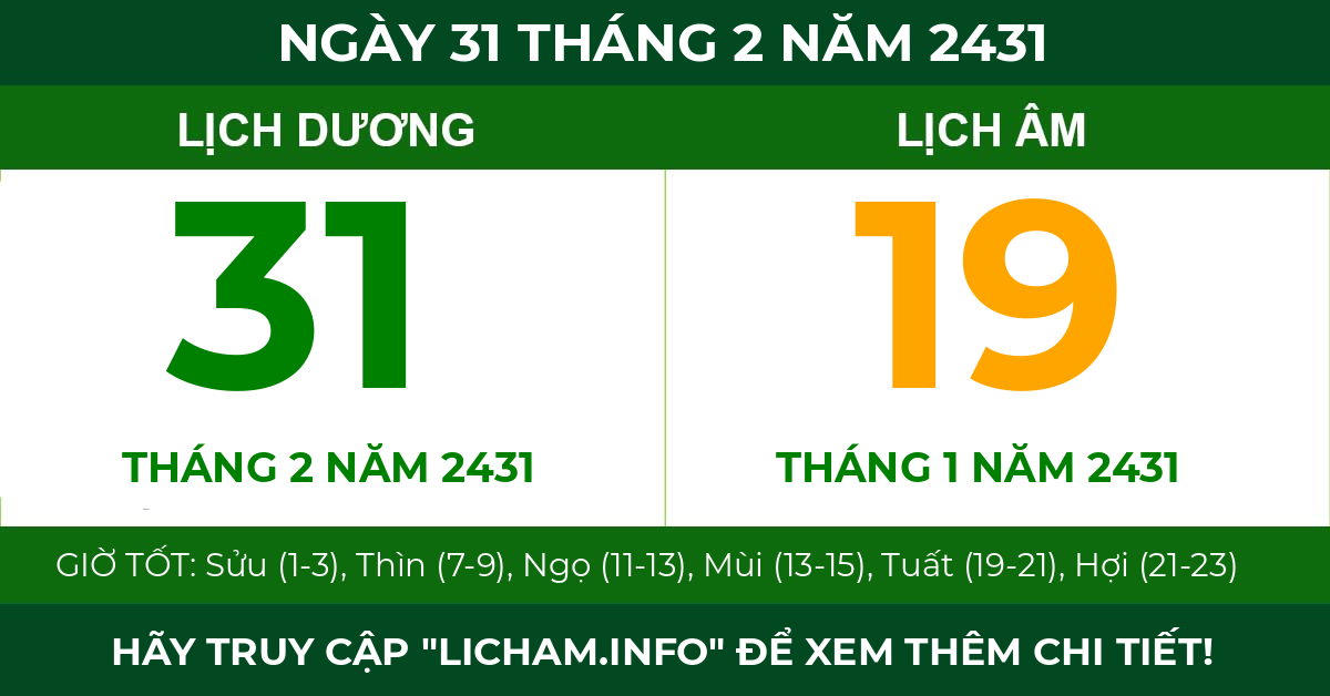 lịch âm ngày 31 tháng 2 năm 2431