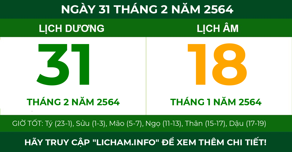 lịch âm ngày 31 tháng 2 năm 2564