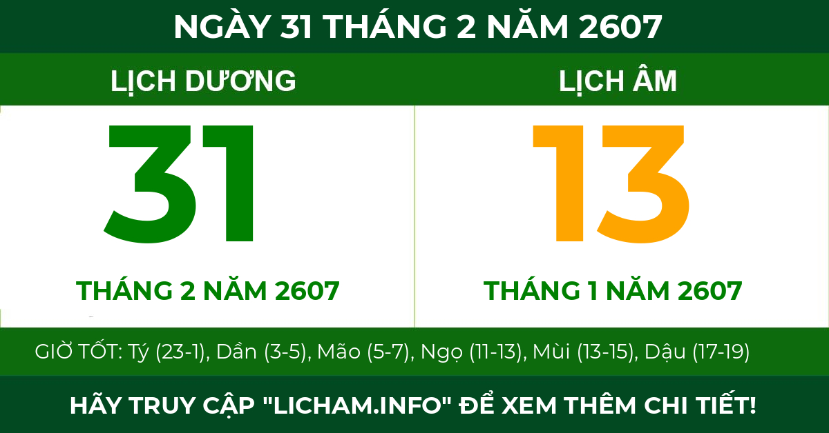 lịch âm ngày 31 tháng 2 năm 2607