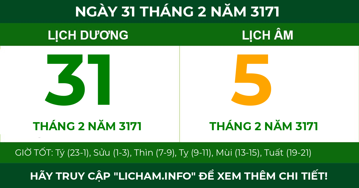 lịch âm ngày 31 tháng 2 năm 3171