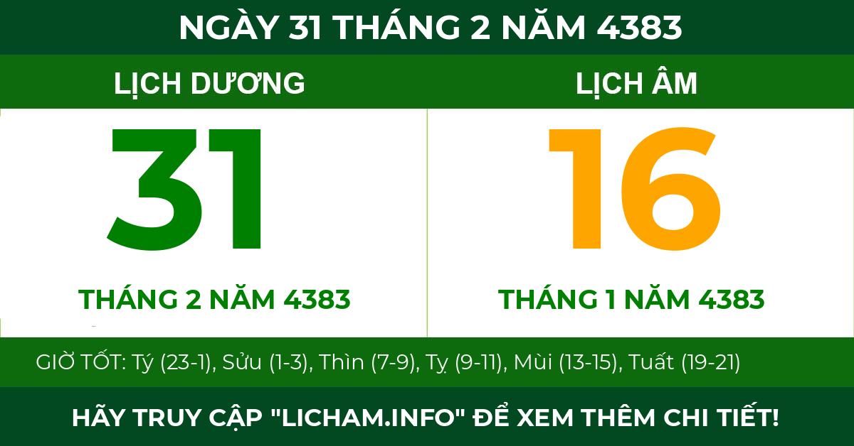 lịch âm ngày 31 tháng 2 năm 4383