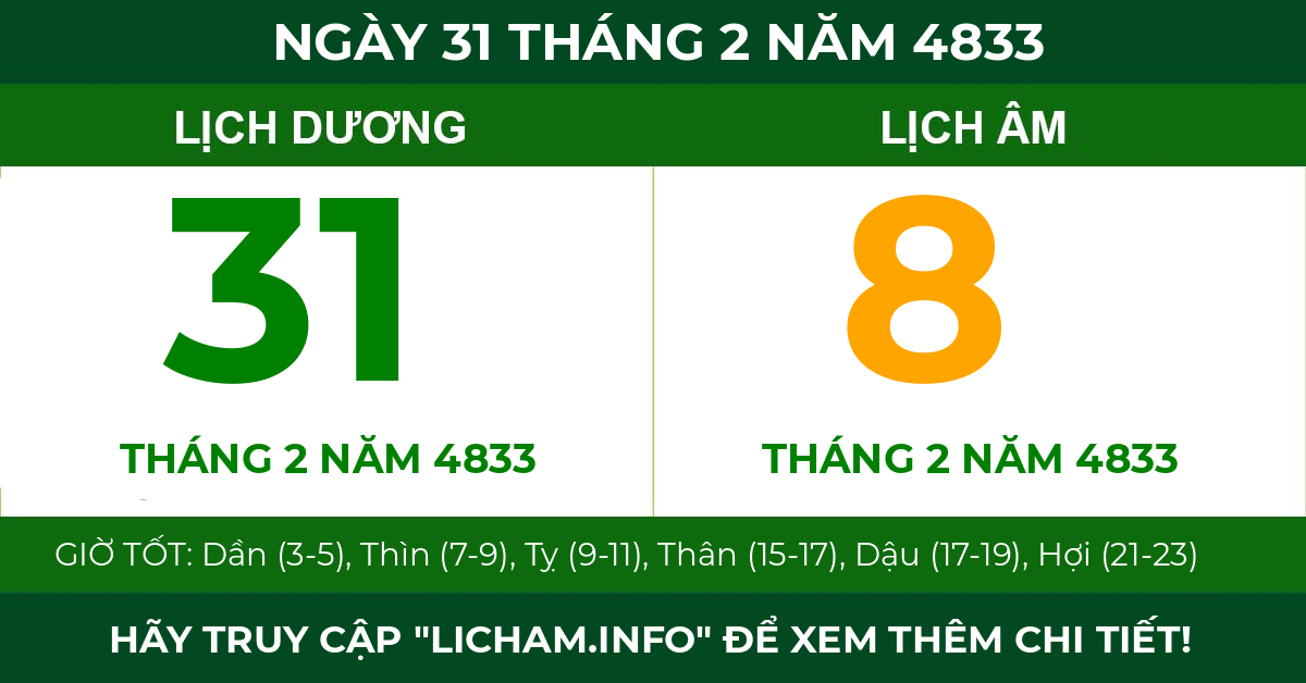 lịch âm ngày 31 tháng 2 năm 4833