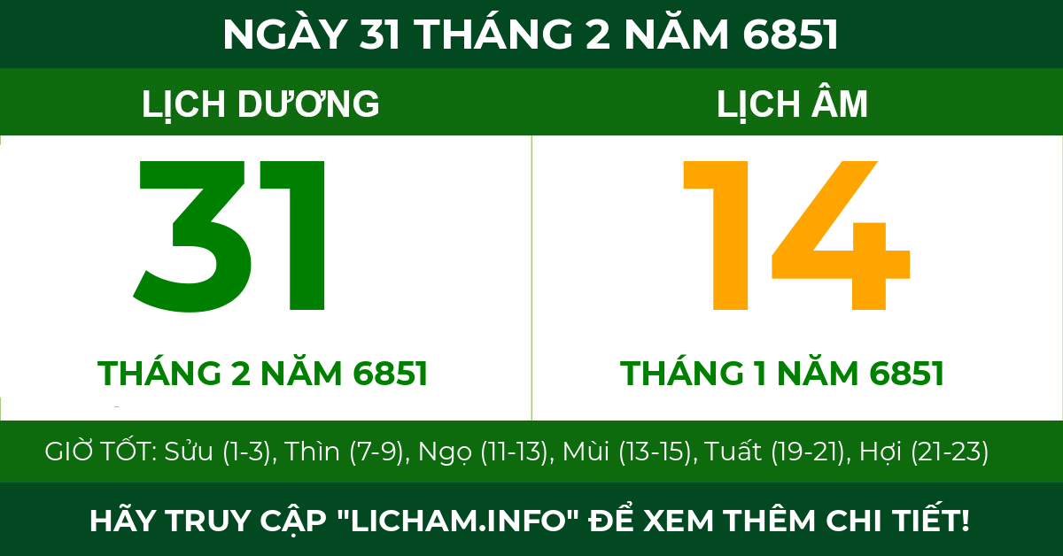 lịch âm ngày 31 tháng 2 năm 6851