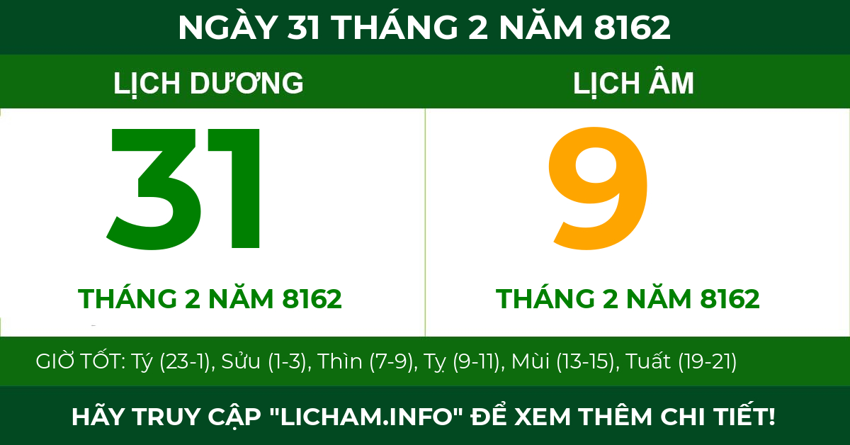 lịch âm ngày 31 tháng 2 năm 8162