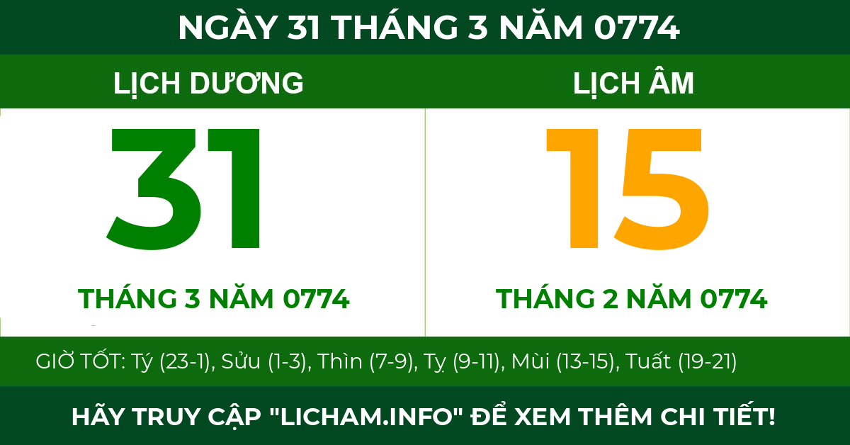 lịch âm ngày 31 tháng 3 năm 0774