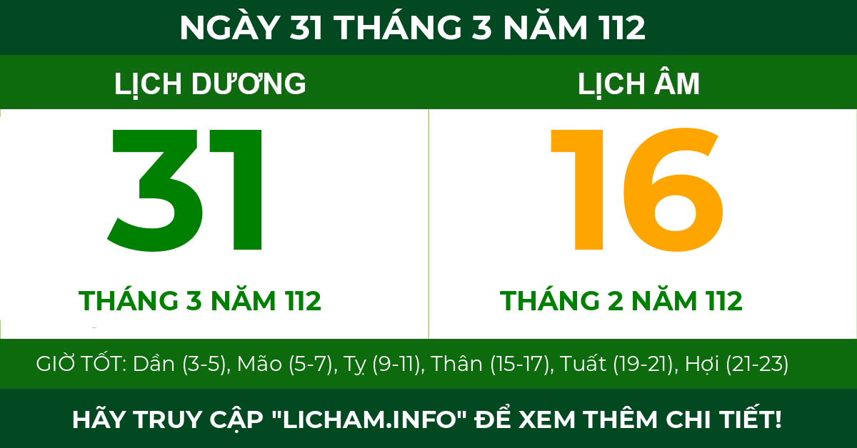 lịch âm ngày 31 tháng 3 năm 112
