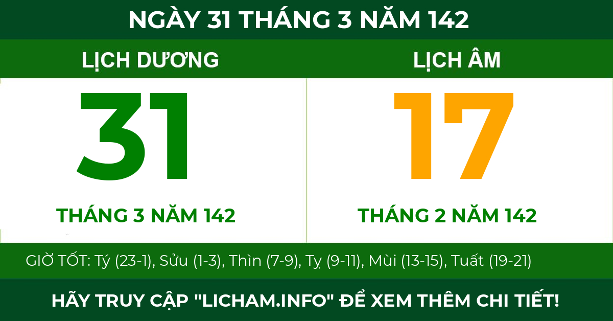lịch âm ngày 31 tháng 3 năm 142