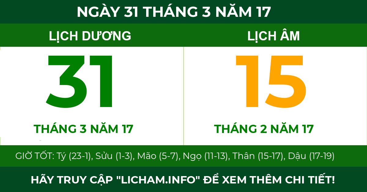 lịch âm ngày 31 tháng 3 năm 17