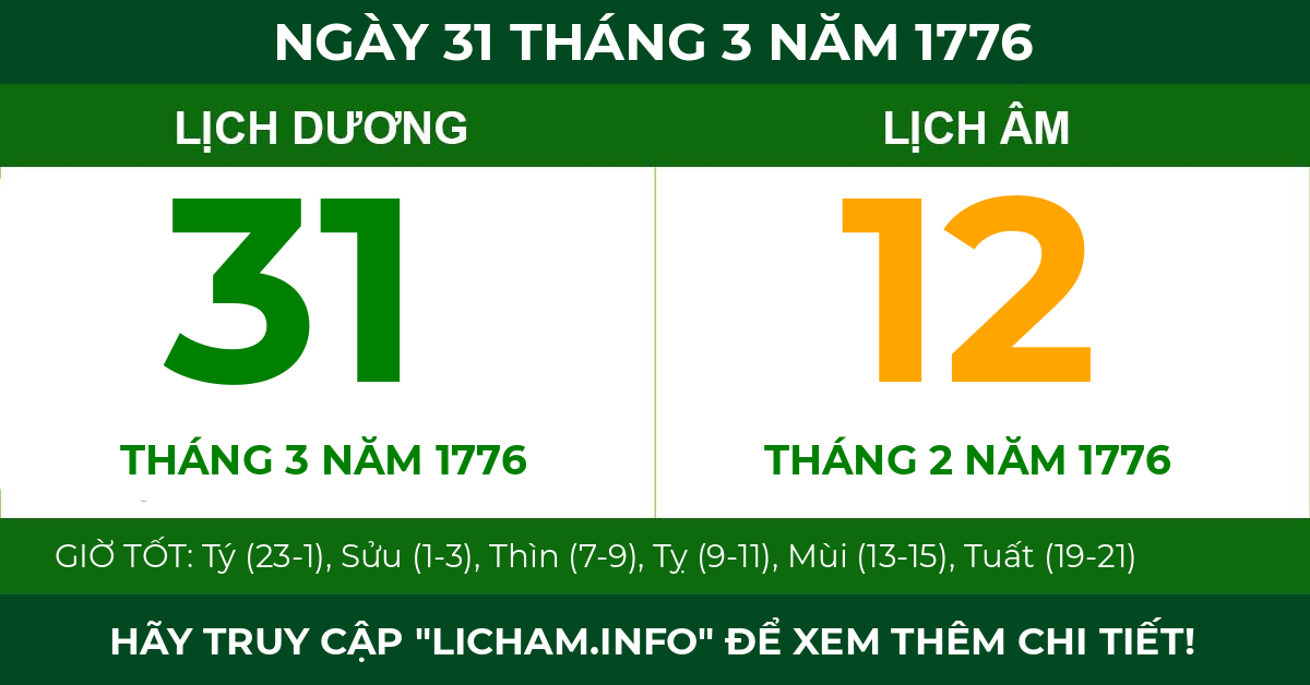 lịch âm ngày 31 tháng 3 năm 1776