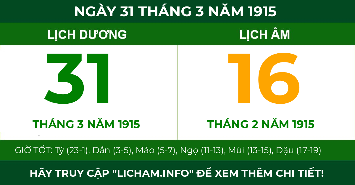 lịch âm ngày 31 tháng 3 năm 1915