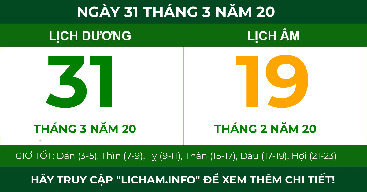 lịch âm ngày 31 tháng 3 năm 20