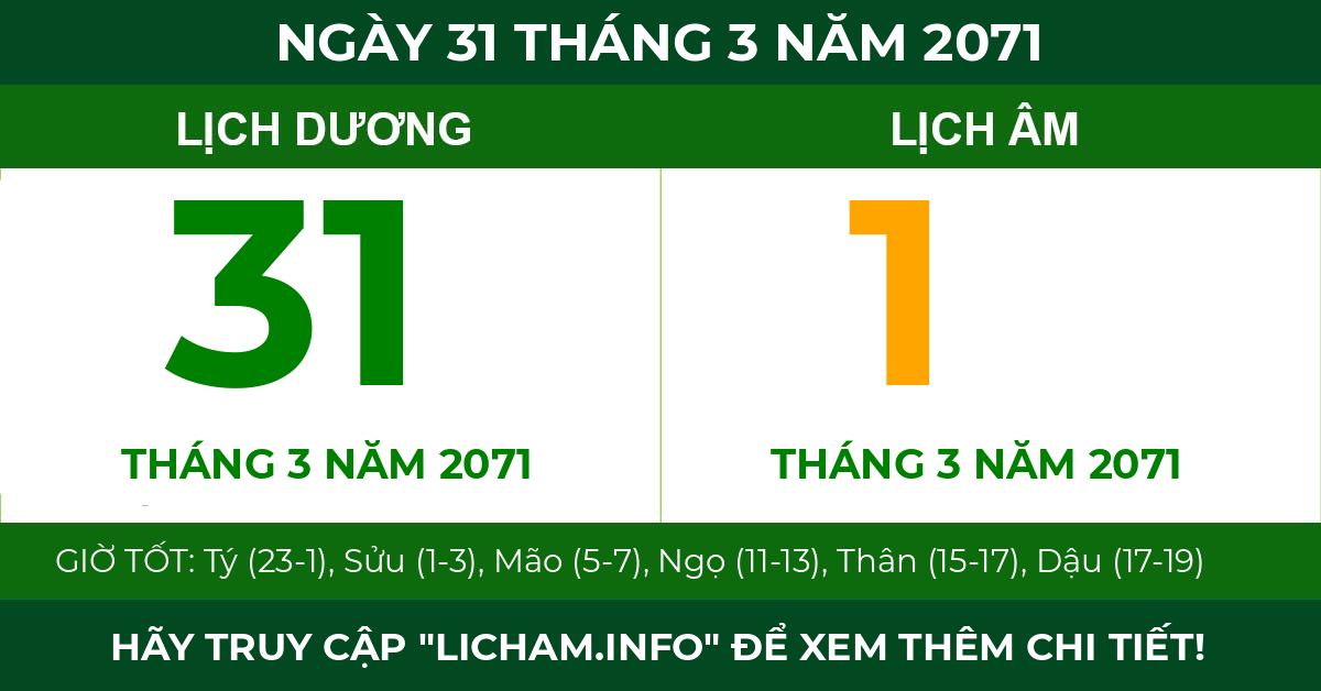 lịch âm ngày 31 tháng 3 năm 2071