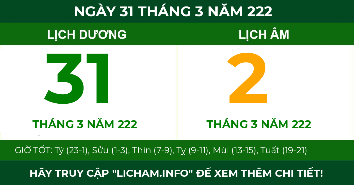 lịch âm ngày 31 tháng 3 năm 222