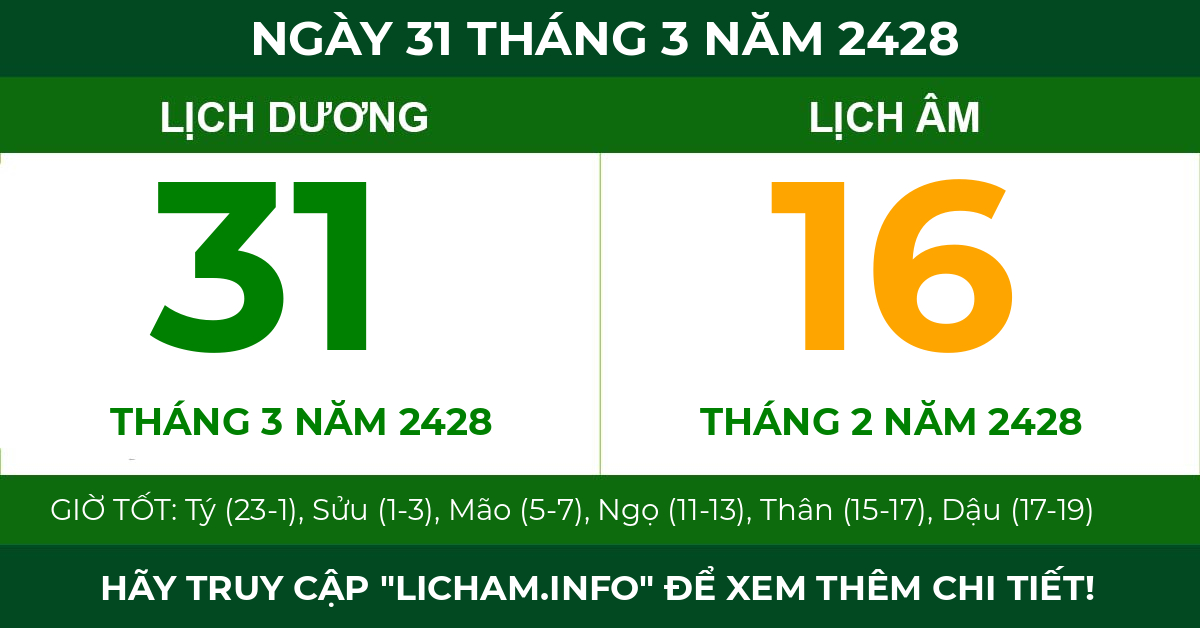 lịch âm ngày 31 tháng 3 năm 2428