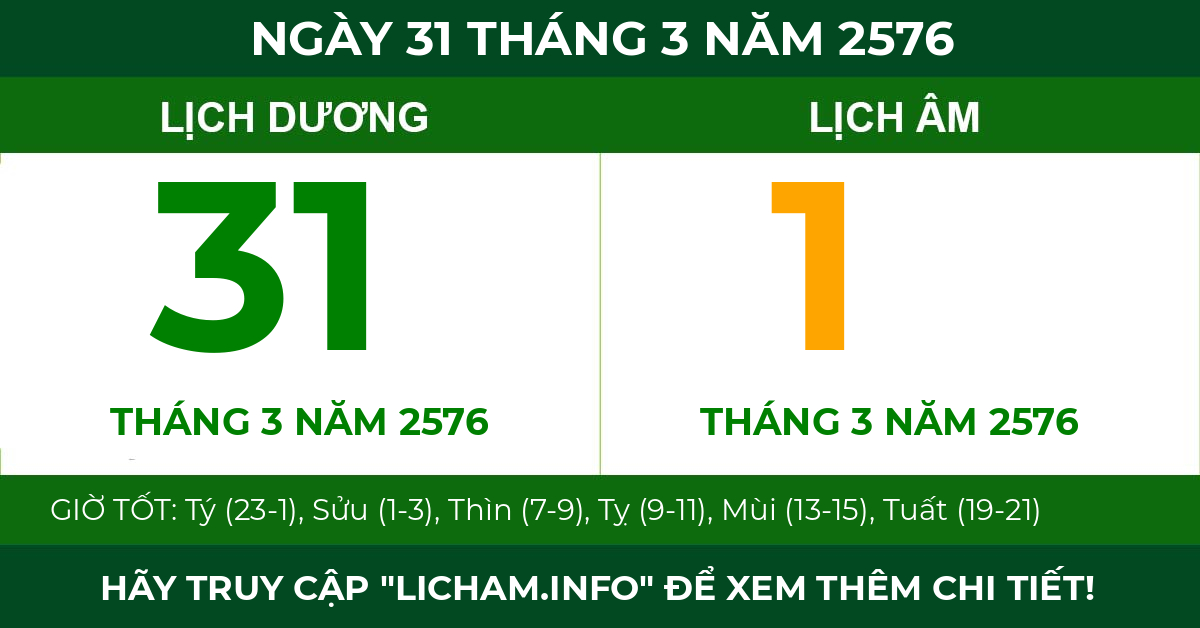 lịch âm ngày 31 tháng 3 năm 2576