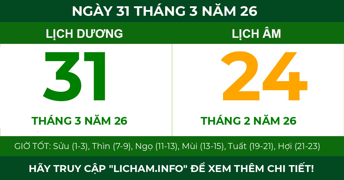 lịch âm ngày 31 tháng 3 năm 26