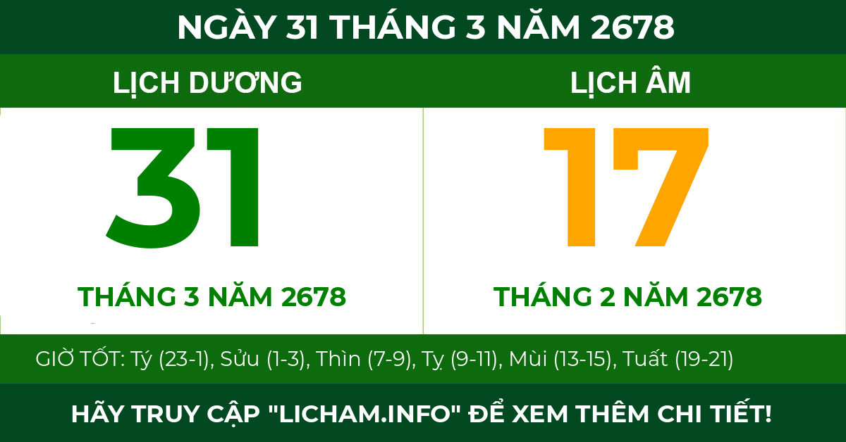 lịch âm ngày 31 tháng 3 năm 2678