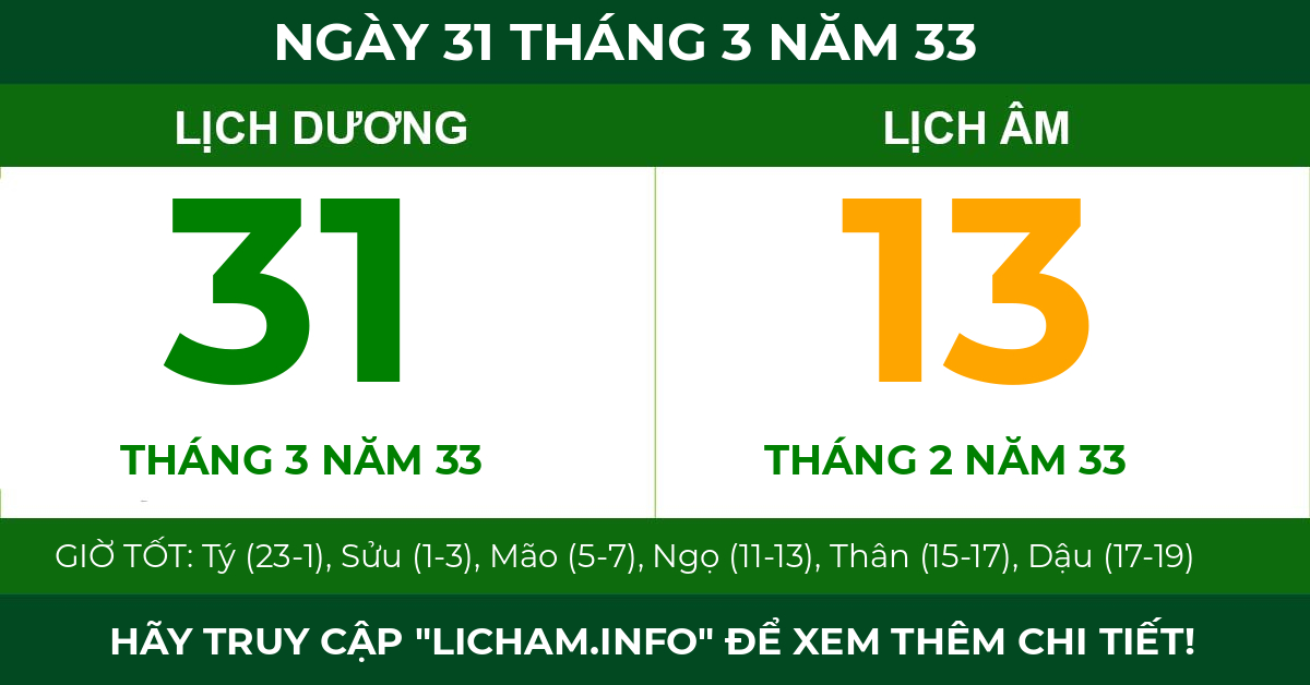 lịch âm ngày 31 tháng 3 năm 33