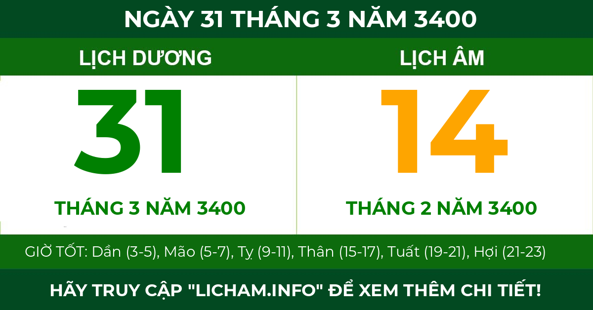lịch âm ngày 31 tháng 3 năm 3400
