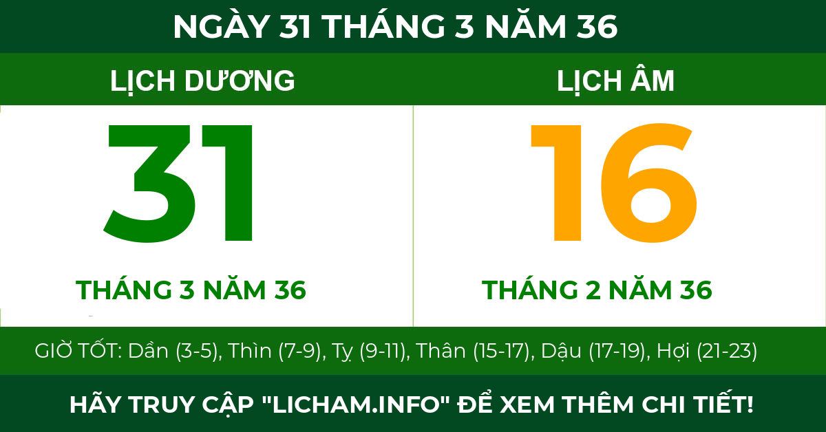 lịch âm ngày 31 tháng 3 năm 36