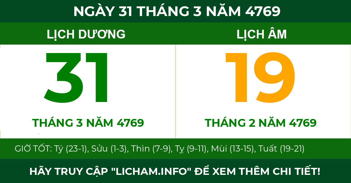 lịch âm ngày 31 tháng 3 năm 4769