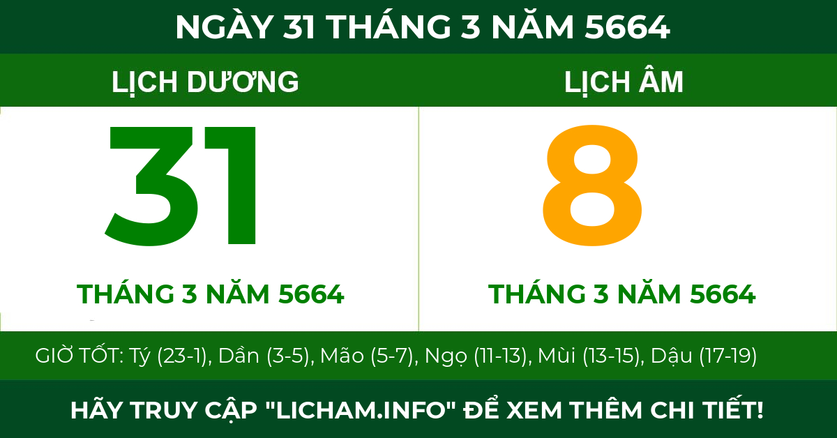 lịch âm ngày 31 tháng 3 năm 5664