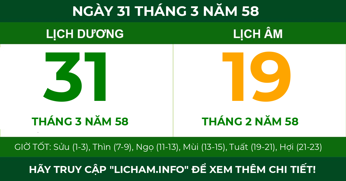 lịch âm ngày 31 tháng 3 năm 58