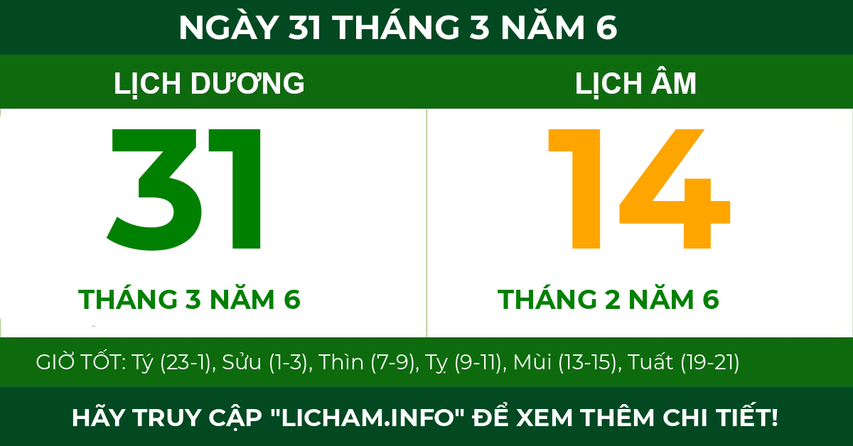 lịch âm ngày 31 tháng 3 năm 6