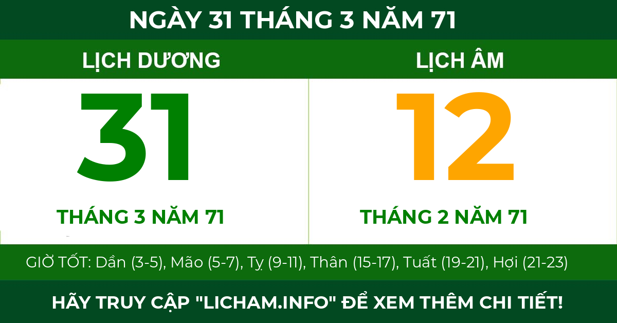 lịch âm ngày 31 tháng 3 năm 71