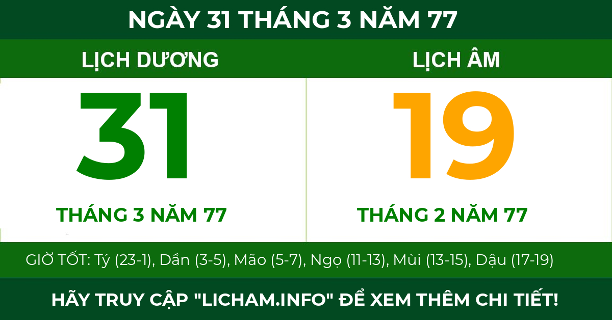 lịch âm ngày 31 tháng 3 năm 77