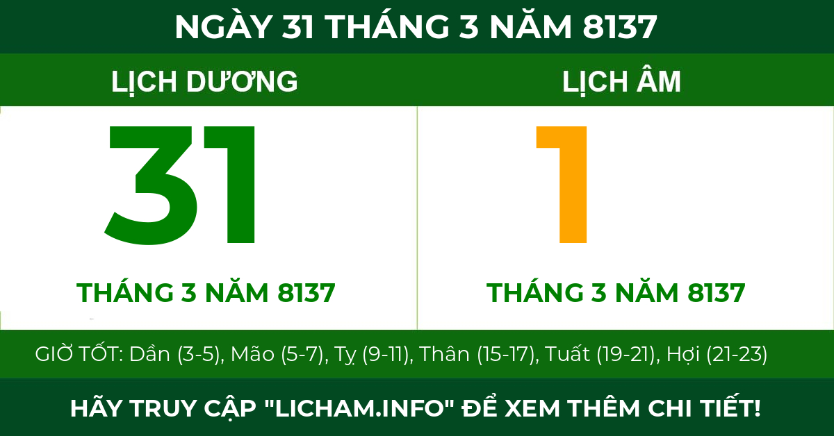 lịch âm ngày 31 tháng 3 năm 8137