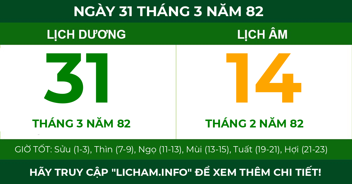 lịch âm ngày 31 tháng 3 năm 82