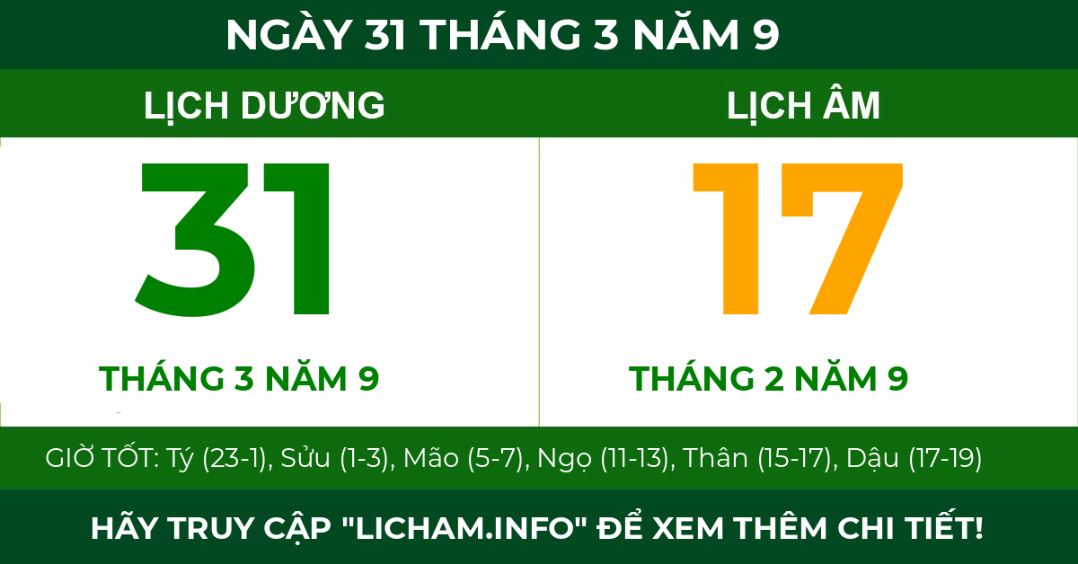 lịch âm ngày 31 tháng 3 năm 9