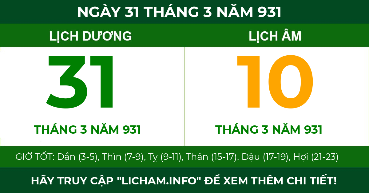 lịch âm ngày 31 tháng 3 năm 931