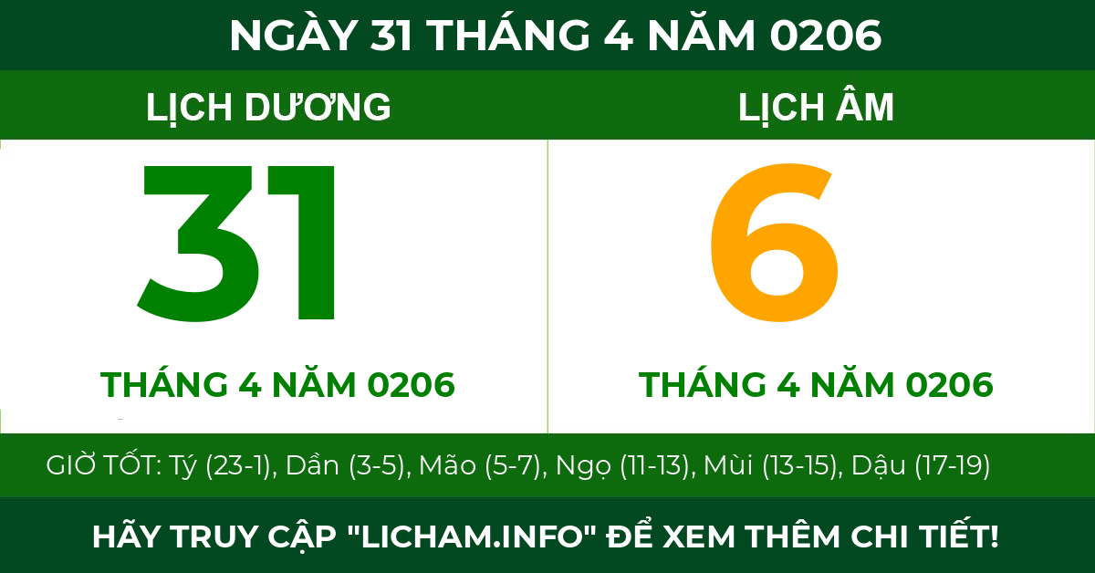 lịch âm ngày 31 tháng 4 năm 0206